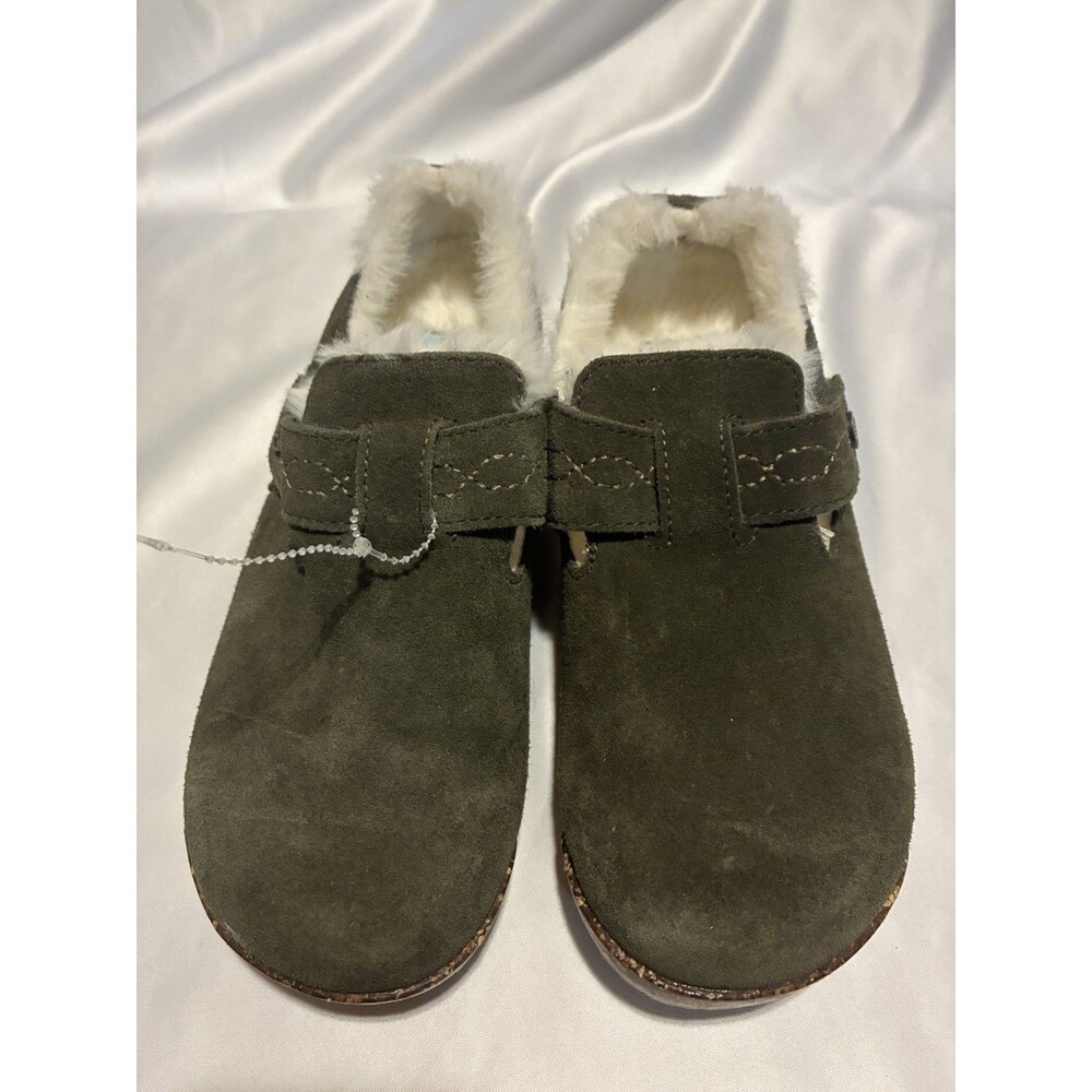 NWOT Earth Origins Aurora Jade Olive Suede Faux Fur Clog Slippers Women’s Size 6